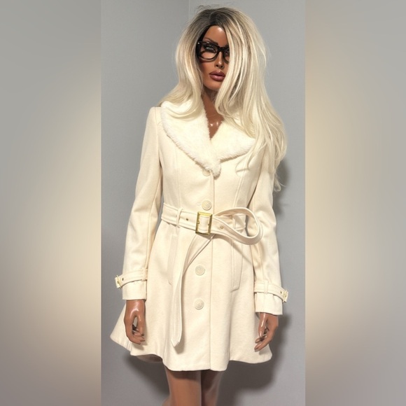 Bebe Wool Trench Coat Peacoat Button Down Belted High-Low Hi Lo Hem Faux Fur XS - Picture 4 of 13
